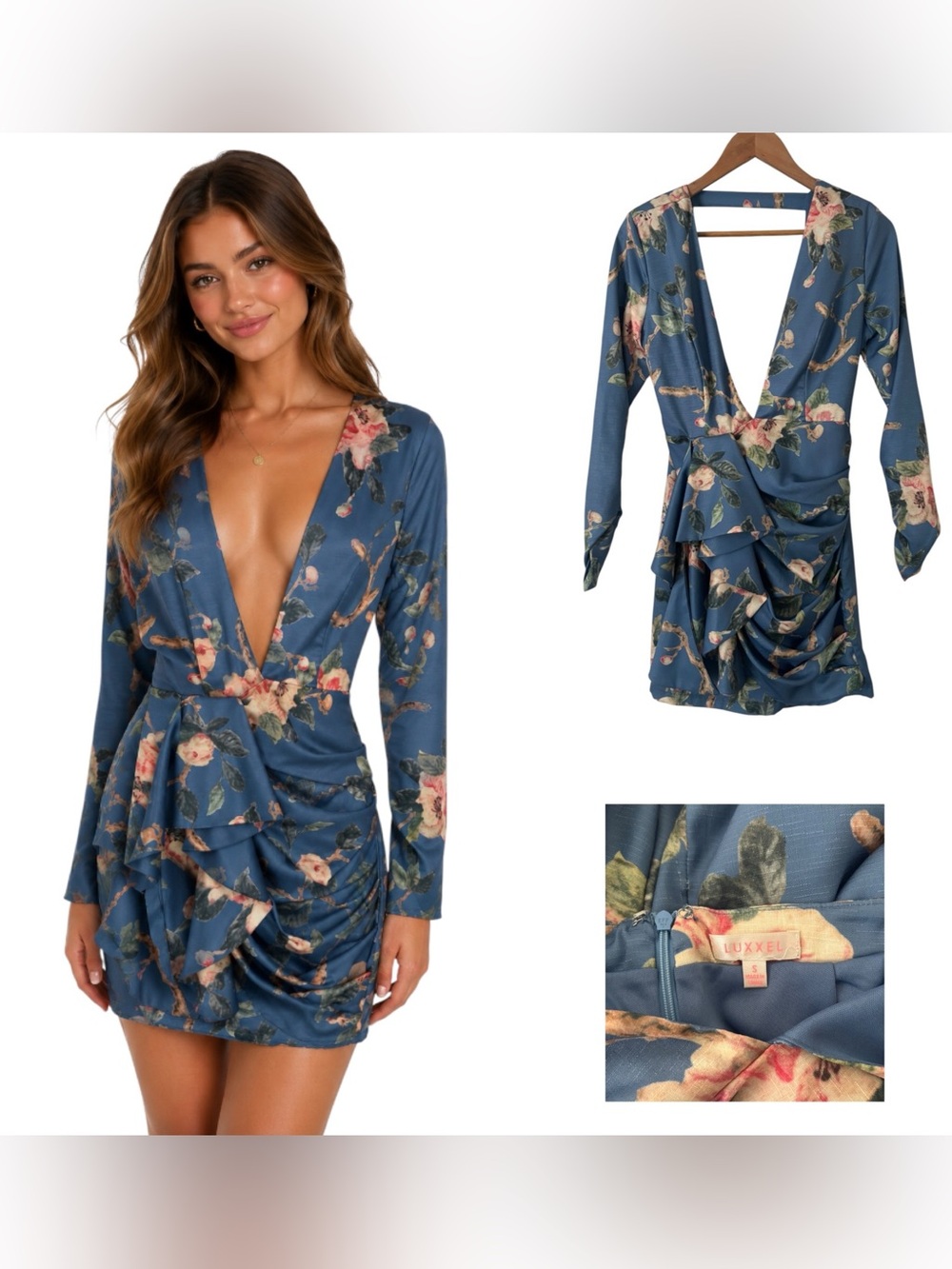 Luxxel Blue Floral Deep V Ruched Backless Mini Dress - Size Small